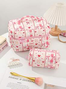 1pc Pink Heart-Shaped Bow Quilted Makeup Bag. Valentine's Day, Love/Lover, Heart, XoX0/Kiss Teddy Bear Travel Cosmetic Bag, Multi-Function Cosmetic Bag Bathroom Wash Bag, Jewelry Storage Bag, Perfume Skin Care Storage Bag, Brush Bag, Sanitary Napkin Bag, Headset Bag, Coin Purse, Glasses Bag, Suitable For Family, Travel, School And Work. Suitable For Women And Students. Holiday Gift, Birthday Gift, Christmas Gift, Mom's Gift, Commemorative Love - Baby Pink - View 7