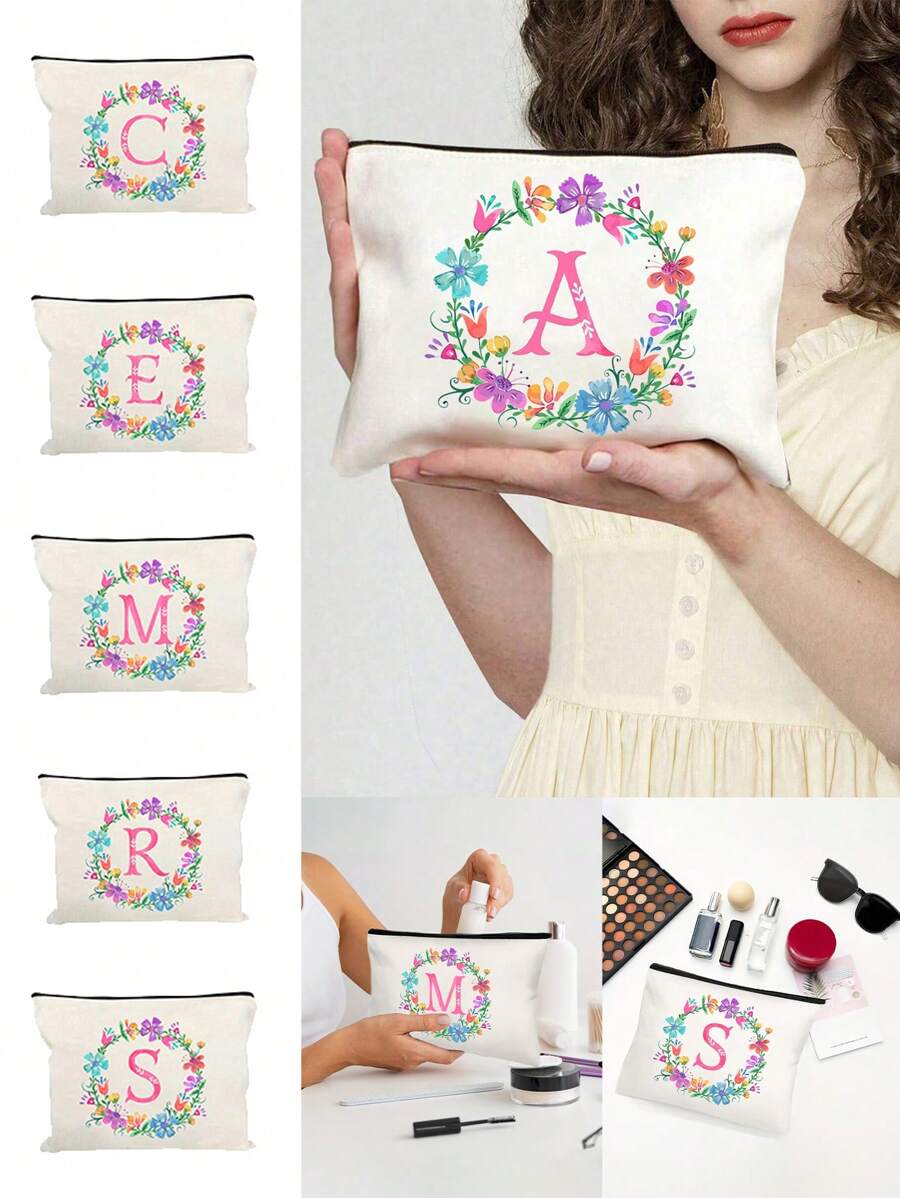 Personalized English Initials Cosmetic Bag,Chic Watercolor Floral Makeup Bag, Simple Zipper Beauty Bag, Versatile Toiletry Wash Bag For Girls Women,Portable, Lightweight & Fade-Resistant ,Travel Toiletry Bag-Pen Bag-Gift Bag, The Best Gift For Mothers, Daughters, Best Friends, Teachers And Friends, Birthdays Gifts,Must-Have Items For Graduation Season, Wedding Season And Other Festivals - Ideal Bridesmaid & Travel Gift - White - View 1