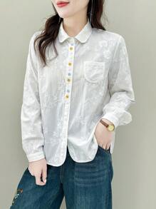 Tozamil Pure Cotton Flower Embroidery Long-Sleeved Blouse, Elegant Collared Blouse For All Seasons, Women's Clothing