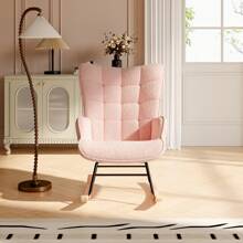Nursing Rocking Chair, Berber Fleece Look Rocking Chair, Armrest, Armchair With Wooden Glides, Relaxation Chair For Living Room, Bedroom, Pink - Pink - View 3