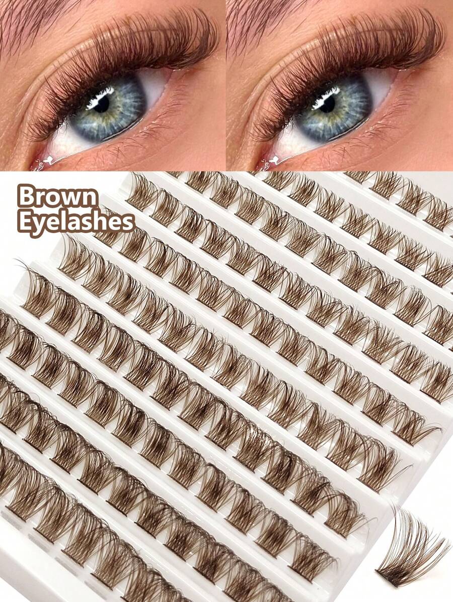 120pcs D-Curl Fluffy Brown False Eyelashes, Cat Eye Single Lashes, Natural Brown Color, Suitable For DIY Eyelash Extension, Easy To Apply At Home - D - View 1