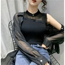 Women's Knitted T-Shirt Top - 黑色 - 查看 2