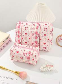 1pc Pink Heart-Shaped Bow Quilted Makeup Bag. Valentine's Day, Love/Lover, Heart, XoX0/Kiss Teddy Bear Travel Cosmetic Bag, Multi-Function Cosmetic Bag Bathroom Wash Bag, Jewelry Storage Bag, Perfume Skin Care Storage Bag, Brush Bag, Sanitary Napkin Bag, Headset Bag, Coin Purse, Glasses Bag, Suitable For Family, Travel, School And Work. Suitable For Women And Students. Holiday Gift, Birthday Gift, Christmas Gift, Mom's Gift, Commemorative Love - Baby Pink - View 11