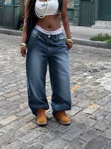 女士度假风 Y2K 水洗做旧阔腿牛仔裤，休闲春季款 - 中等水洗藍 - 查看 6