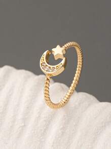 1 Pc Cooper Zirconia Moon Star Ring For Women Luxurious Pave Setting Crystal Ring Adjustable Size , Middle East Starlight Rings Jewelry - Multicolor - View 20