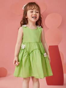 Young Girls' Sleeveless A-Line Dress With Floral Embellishment, Breathable & Moisture-Wicking, Summer - Green - View 2