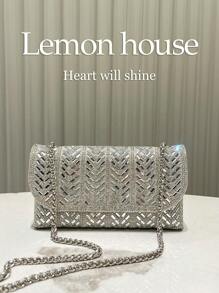 1 件银色闪亮水钻装饰小号晚宴手拿包，金属链斜挎信封式钱包，优雅时尚，适合派对、婚礼、庆典、女士礼物 - 銀色 - 查看 6