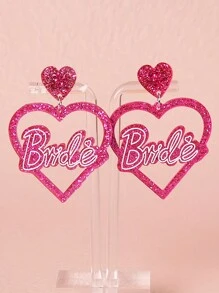 1 对玫瑰红色亚克力时尚设计心形字母新娘女士耳环，情人节爱心亚克力耳环亮片流沙心形耳环