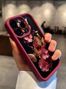 1pc Vintage Red Floral & Gold Butterfly Soft TPU Shock-Proof Anti-Slip Phone Case Compatible With Iphone - Multicolor - View 4