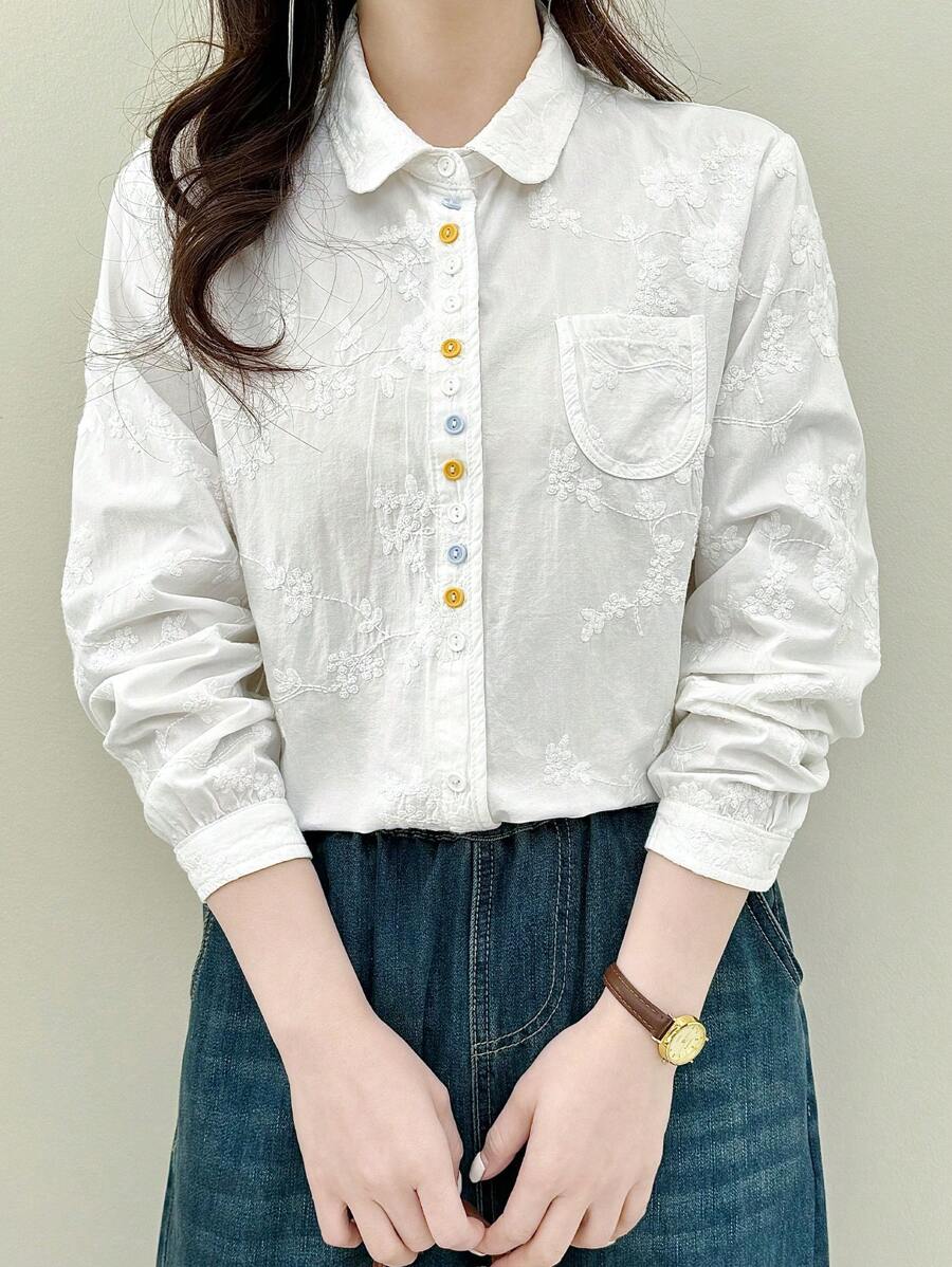 Tozamil Pure Cotton Flower Embroidery Long-Sleeved Blouse, Elegant Collared Blouse For All Seasons, Women's Clothing