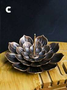 Porta-incenso de metal com flor de lótus e suporte minimalista de madeira, adequado para incensos em bastão e cone, cinzeiro e porta-velas multifuncionais, decoração de aromaterapia interna para meditação, ioga, casa, adequado para Natal, Halloween, Páscoa