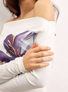 Women's Spring Floral Print Tops Long Sleeve Off Shoulder Slimming T-Shirt - White - View 5