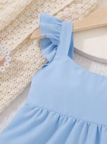 2pcs Young Girls' Solid Color Vacation Ruffled Strap Cake Dress, Summer 2025 - Blue - View 3