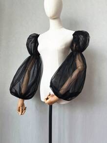 1pc Black Netting 2-Arm Sleeves With Puff And Elastic For Bridal Wear Autumn Accessories - Black - View 2