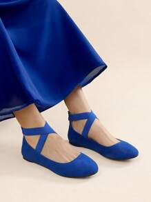 Women's Flats With Back Zipper Fashion Comfortable And Lightweight Cross Elastic Ankle Straps Daily Dressy Commuting Elegant Ballet Flats Shoes - 寶藍色 - 查看 2