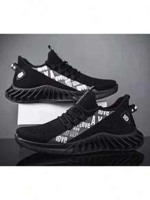 Men's Low-Top Lace-Up Sneakers, Outdoor Sports-Style Fabric Running Shoes - 黑色 - 查看 1