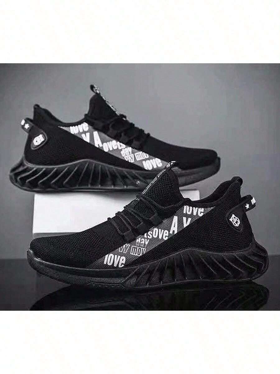 Men's Low-Top Lace-Up Sneakers, Outdoor Sports-Style Fabric Running Shoes - 黑色 - 查看 1