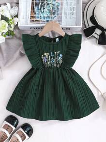 女婴可爱刺绣荷叶边休闲节日连衣裙，英伦风格夏季 - 墨綠色 - 查看 1