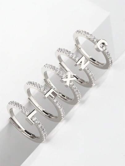 1 件简约新颖的字母戒指，适合女孩，精致的水晶锆石精致字母戒指，可调节，适合日常佩戴