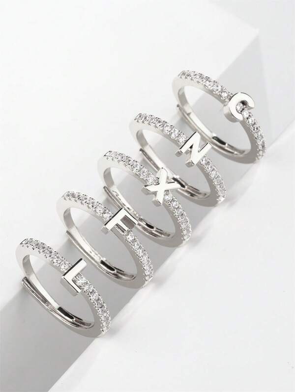 1 pieza Anillo de iniciales simple y novedoso para niñas, anillo de letra delicado con cristal de circonita exquisito, ajustable, adecuado para uso diario