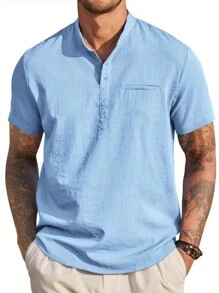 Men's Solid Color Short Sleeve Casual Polo Shirt For Commuting - Blue - View 5