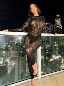 Women Long Sleeve Hollow Out High Stretch Lace Party Baddie Night Out Jumpsuit - màu đen - Xem 2