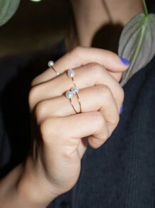 Uworld 1 件女士简约优雅淡水珍珠素面戒指开口戒指 18K 镀金不锈钢扭曲竹戒指适合日常佩戴节日派对节日婚礼等。 - 珍珠 - 查看 4