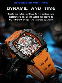 Megir Mechanical Watch, Square Face, Large Dial, Luminescent Hands, Multifunctional, Waterproof, Men's Fashionable Gift - Yellow and Black - View 3