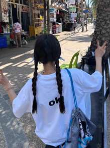 日式风格女士宽松圆领休闲短袖T恤，可爱卡通印花，春夏 - 白色 - 查看 2