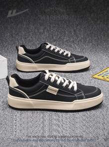 1 Pair Men's Front Lace-Up Canvas Shoes, Versatile Comfortable Flat Casual Outdoor Walking Shoes - Black - View 3