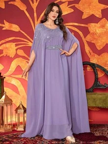 Women's Solid Color Sequin Decor Belted Abaya, Round Neck Elegant Dress Spring - Mauve Purple - View 3