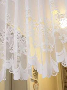 1pc Fresh Minimalist White Floral Lace Curtain Panel, Sheer Window Decor, Coffee Filter, Festival Decoration - White - View 7