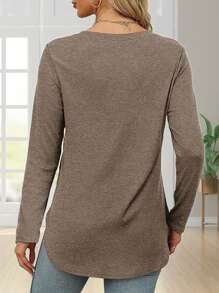 Women's Solid Color Crew Neck Shirt With Side Split Long Sleeve Casual Basic Top - Coffee Brown - View 2