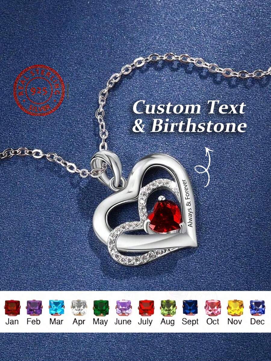1pc S925 Silver Women's Necklace, Rhinestone Jewelry Necklace, Valentine's Day Gift For Her, Mother's Day Gift, Engraved Birthstone Heart-Shaped Necklace, Delicate Jewelry Designed Necklace, Custom Name Necklace, Mother's Day Gift - Silver - View 1