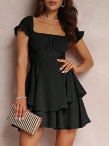 Women's Mini A-Line Dress Solid Color Ruffled Sleeves Square Neck Layered Hem Dress - màu đen - Xem 1