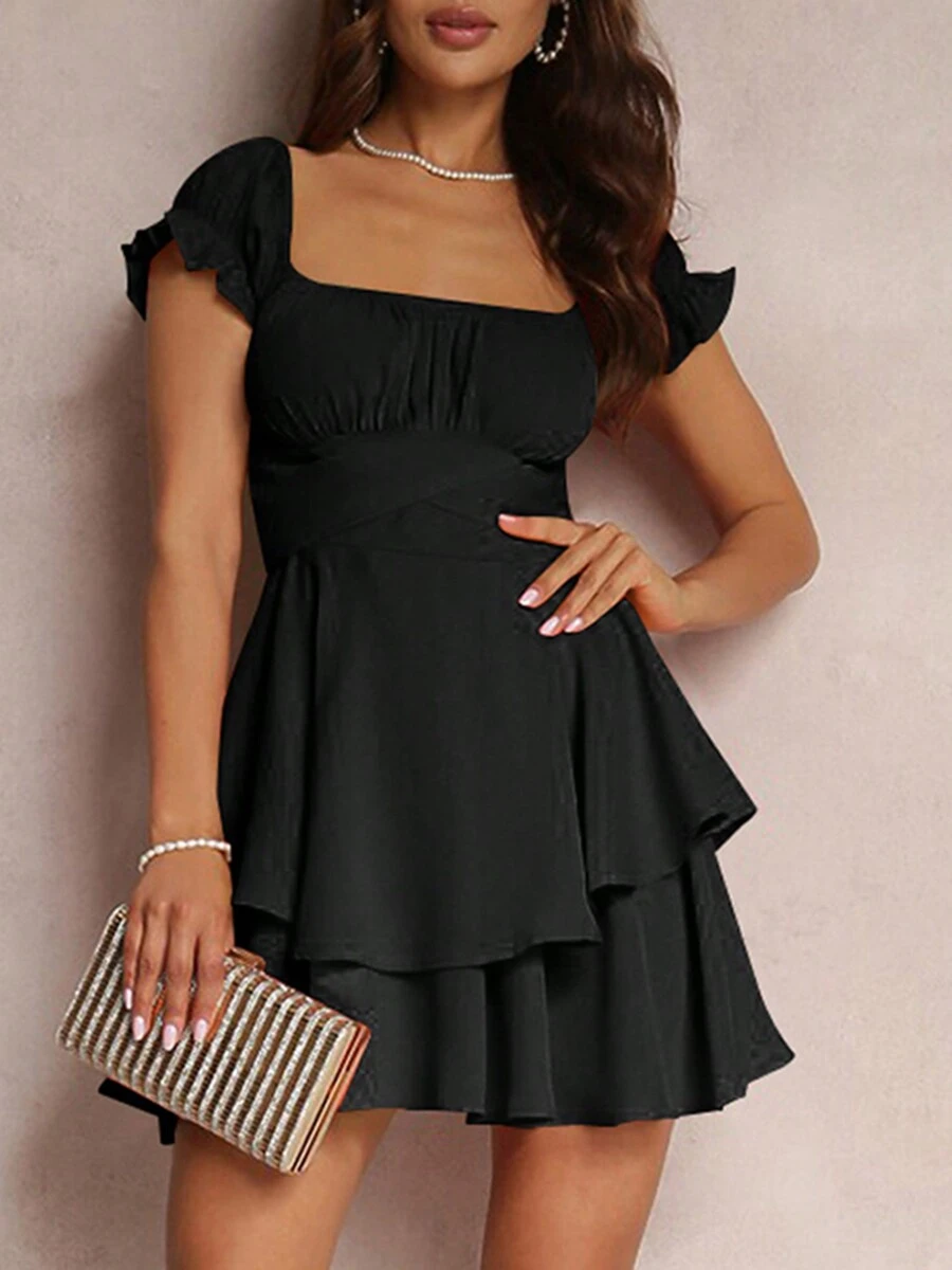 Women's Mini A-Line Dress Solid Color Ruffled Sleeves Square Neck Layered Hem Dress - màu đen - Xem 1