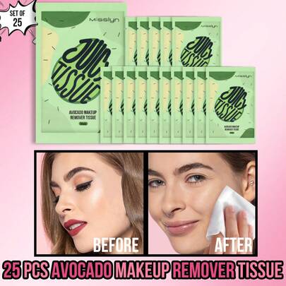  25 pièces Lingettes démaquillantes à l'avocat MISSLYN, douces et confortables, nettoyage en profondeur, 15 pièces pour un nettoyage en profondeur des yeux, des lèvres et du visage, démaquillage jetable, élimine facilement le fond de teint, le rouge à lèvres, le blush, l'eye-liner, les sourcils, le mascara, végétalien, sans cruauté envers les animaux