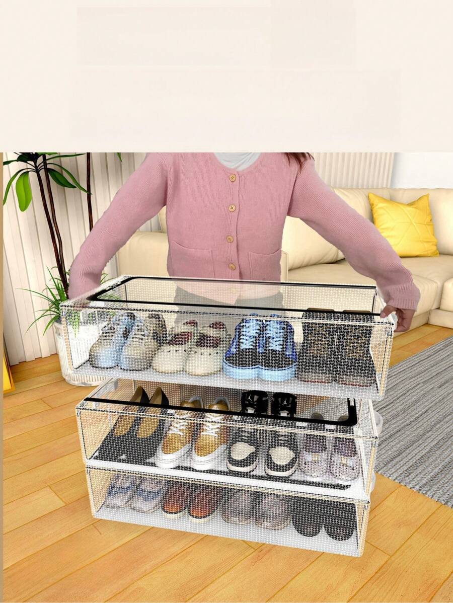 1 pieza Caja de almacenamiento apilable transparente para zapatos, de gran capacidad, gruesa, a prueba de polvo, plegable, sin necesidad de montaje, estilo/color aleatorio