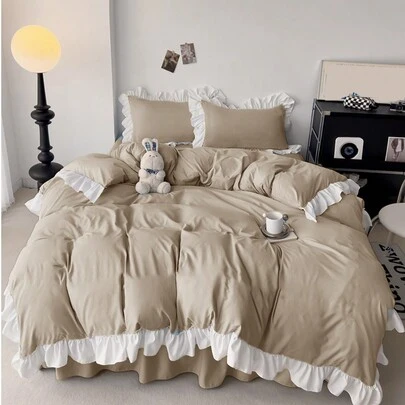 3pcs Khaki Ruffle Soft & Comfortable Bedding Set, Suitable For Bedroom & Guest Room