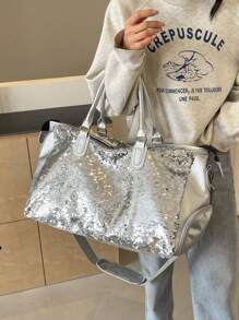 新款时尚旅行包，纯色简约小众设计亮片时尚炫酷，适合短途旅行和健身房，带独立鞋隔层，容量大，多功能精致包，适合学校学校配件学校用品 - 銀色 - 查看 5