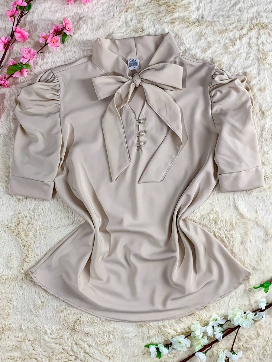 Women's Short Sleeve Puffed Blouse With Bow No. 8 - Apricot - View 1