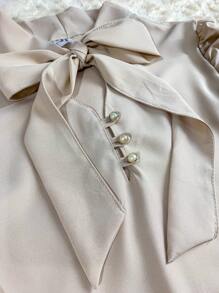 Women's Short Sleeve Puffed Blouse With Bow No. 8 - Apricot - View 5