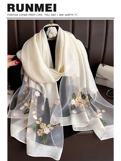 1条女士优雅镂空仿珍珠格纹真丝围巾，纯色披肩，休闲头巾/颈巾，适合秋冬季日常佩戴，可作连衣裙配饰。