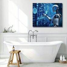 Pintura decorativa con robot de Inteligencia Artificial futurista, gran obra de arte de pared con marco, que muestra la tecnología robótica avanzada y la interfaz de datos digitales, adecuada para decorar la sala de estar, dormitorio u oficina, arte de pared con estilo tecnológico ciberpunk, apropiado para uso doméstico o boutique - Negro - Ver 1