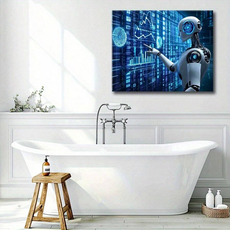 Pintura decorativa con robot de Inteligencia Artificial futurista, gran obra de arte de pared con marco, que muestra la tecnología robótica avanzada y la interfaz de datos digitales, adecuada para decorar la sala de estar, dormitorio u oficina, arte de pared con estilo tecnológico ciberpunk, apropiado para uso doméstico o boutique - Negro - Ver 1