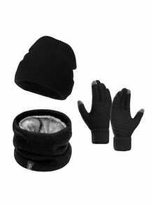 1 Set Winter Knit Hat, Neck Warmer Scarf And Touch Screen Gloves, Solid Color Unisex Outdoor - Warm Touch Screen Gloves, Thick Cycling, Outdoor Essential Set