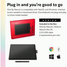 One By Wacom Drawing Tablet, Medium 10.9" X 7.4" Compact Graphics Tablet With Cordless Pen 2K, Beginners Creative Pen Tablet Drawing Pad For Chromebook, M.Ac, Windows - Black & Red - View 4