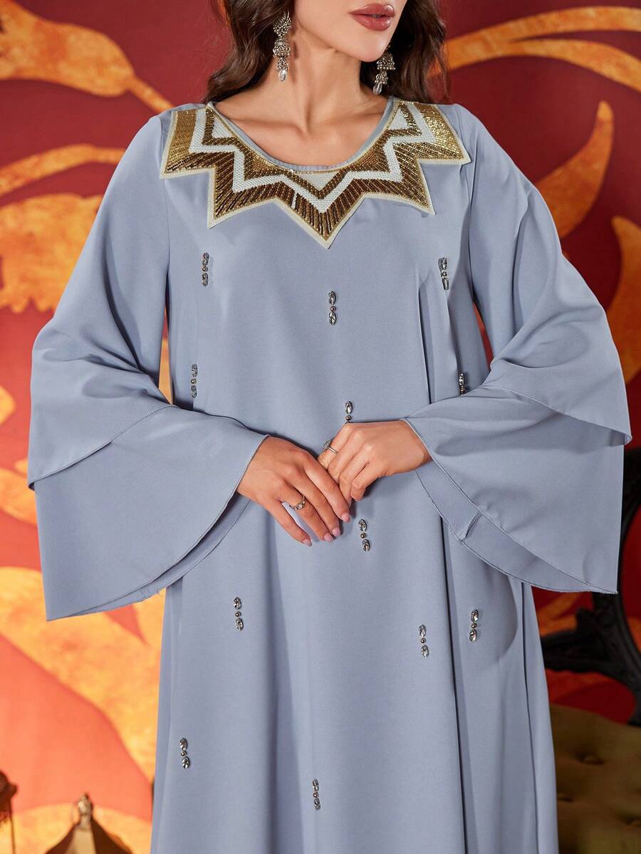 Women's Round Neck Rhinestone Embellished Color Block Long Elegant Abaya Dress