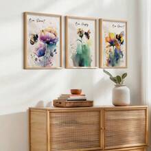 3 Pieces/Set, Watercolor Bee And Flower Canvas Print, Vintage Inspirational Decorative Posters , Botanical And Animals Wall Arts ,High Quality Creative Home Decoration, Creative Ideal Gift, Suitable For Living Room, Dining Room, Office And Bedroom, Unframed Gifts Birthday Graduation
