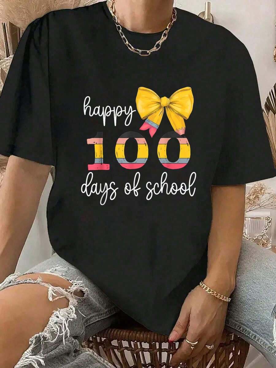 Happy 100 Days Of School Coquette Bow 100th Day Of School T-Shirt Print Crew Neck T-Shirt For Summer, Women's Soft Short Sleeve Top, Stylish Comfy Tee For Women Graphic Tees
